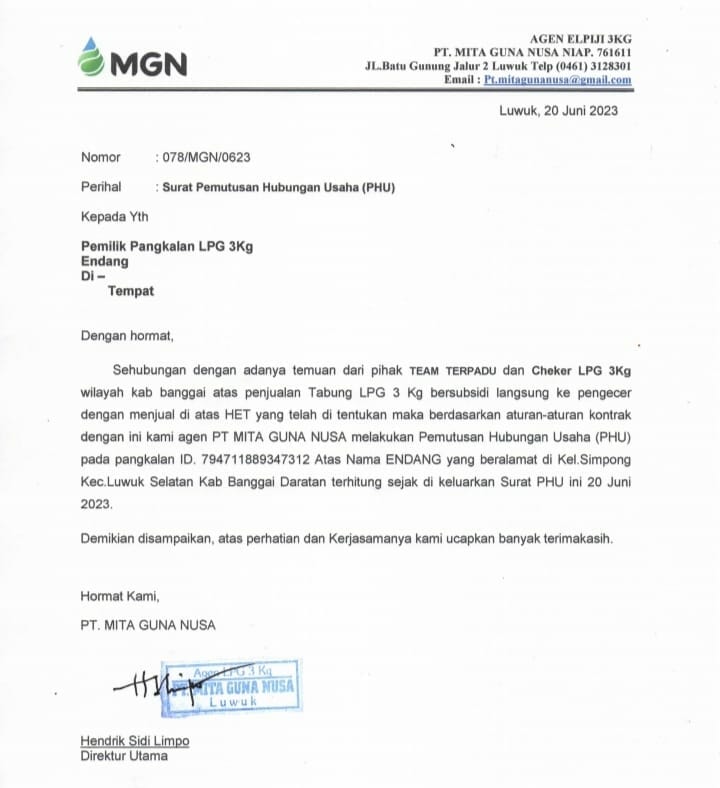 Surat Keputusan PHU yang dikeluarkan oleh PT. MGN